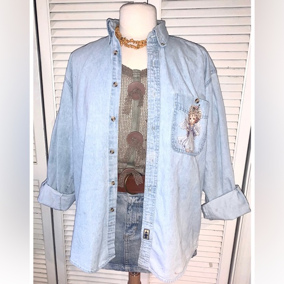 90s Light Blue Denim Shirt with Angel and dove patches long sleeve button down S - Picture 2 of 12